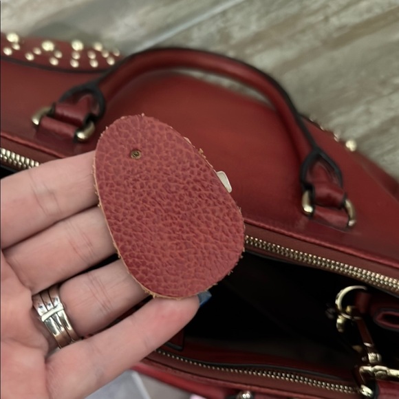 Red Studded leather Satchel with gold Accents - Picture 14 of 15